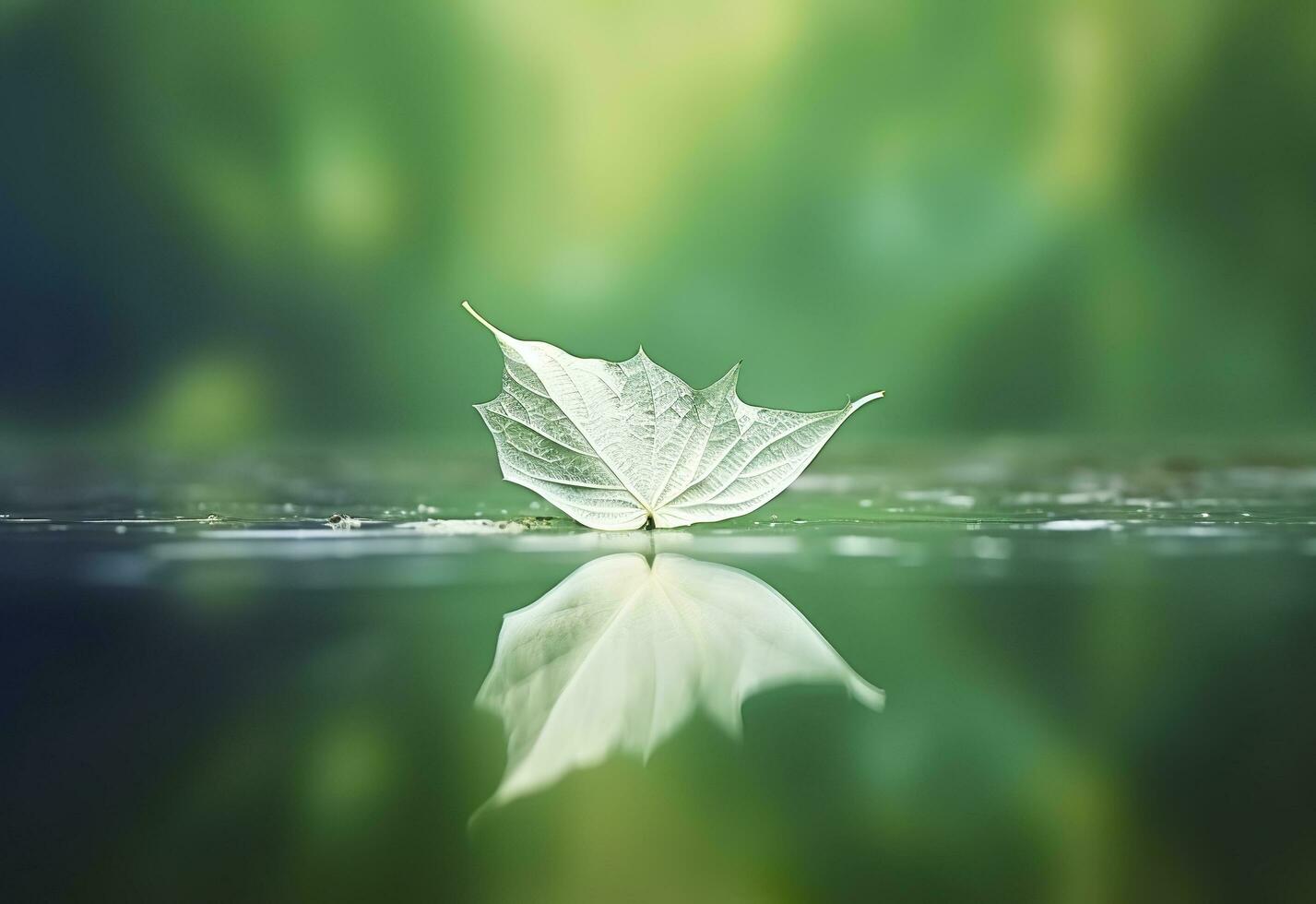 AI generated White transparent leaf on mirror surface with reflection on green background macro. Generative AI photo