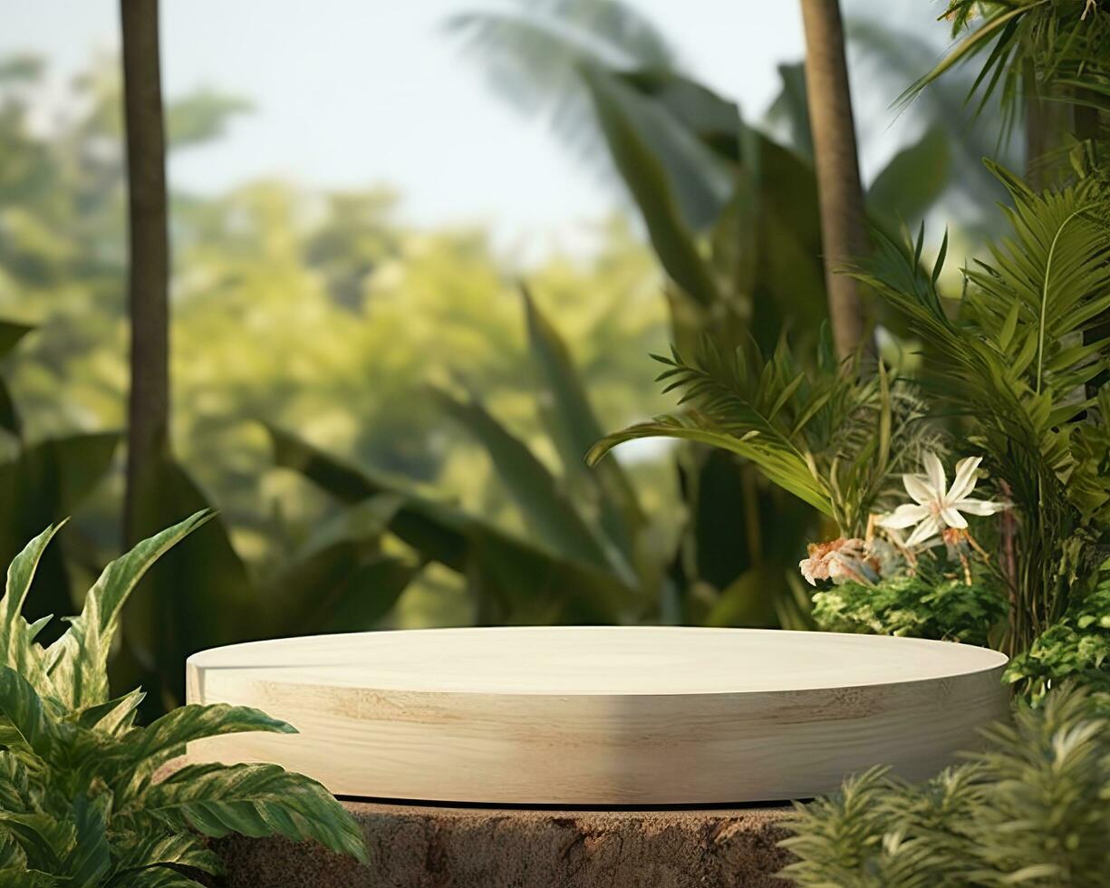 AI generated Wooden product display podium for cosmetic products with green nature background. Generative AI photo