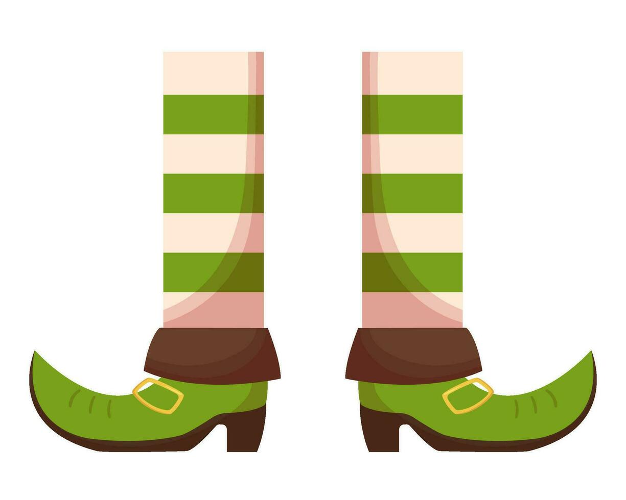 St. Patricks Day leprechaun legs in striped white and green socks, green boots vector