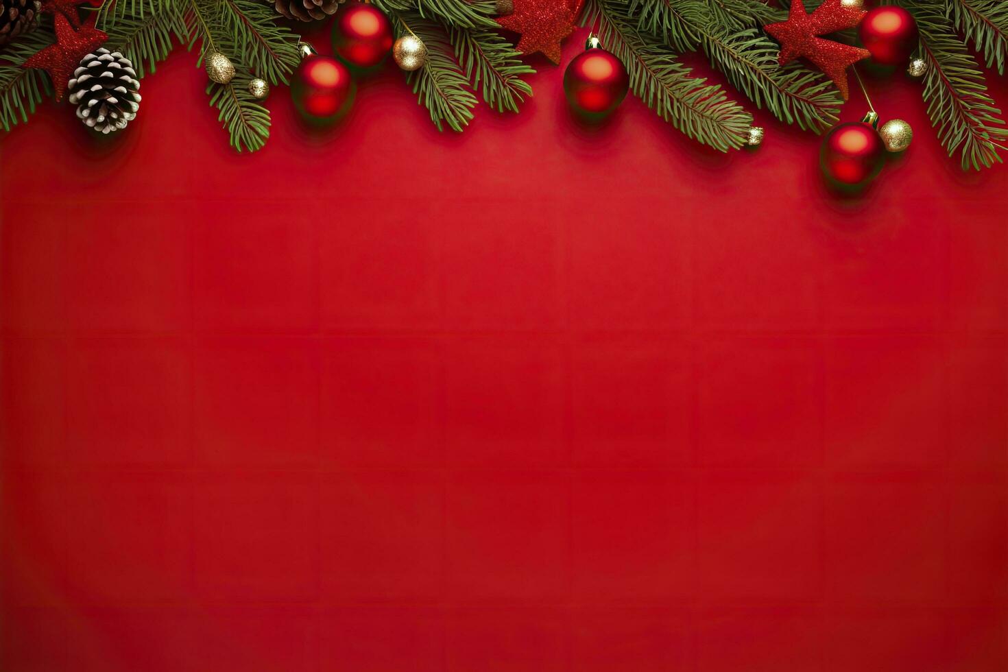 AI generated Christmas or New Year red background with fir decor. AI Generated photo