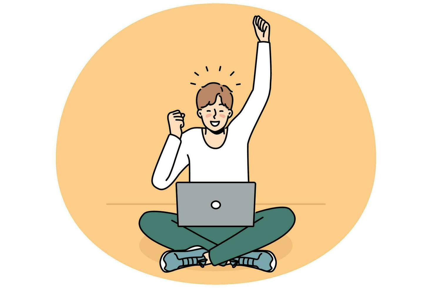 Excited young man use laptop triumph with good news or message online. Happy guy feel emotional celebrate success or promotion. Vector illustration.