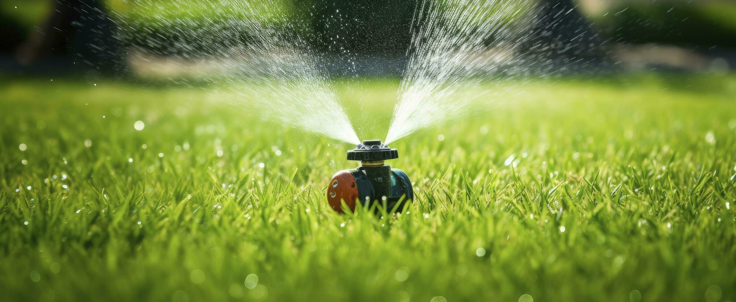 AI generated Automatic garden lawn sprinkler in action watering grass. AI Generated photo