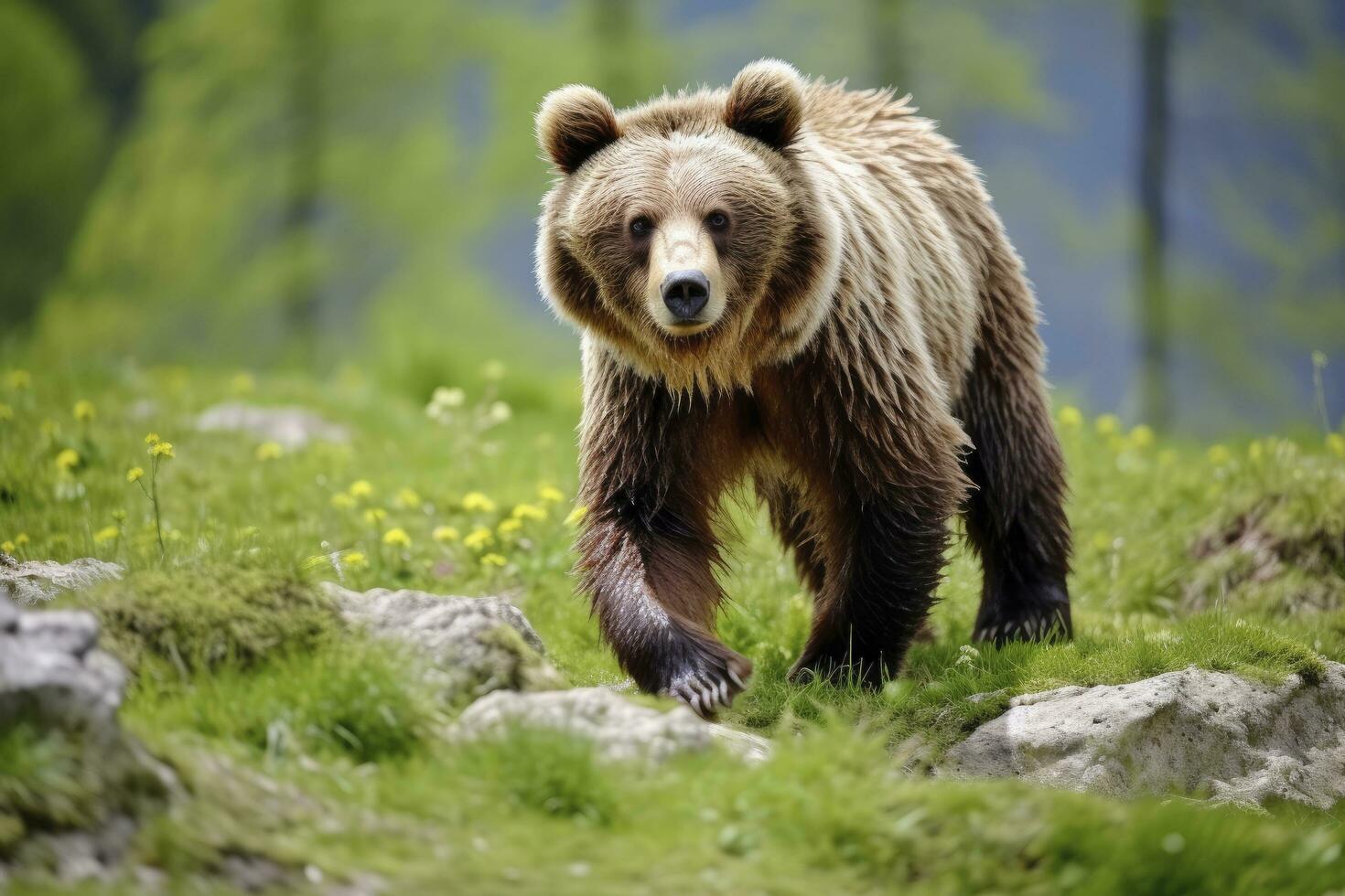 AI generated Brown bear moving on the green meadow in springtime nature. AI Generated photo