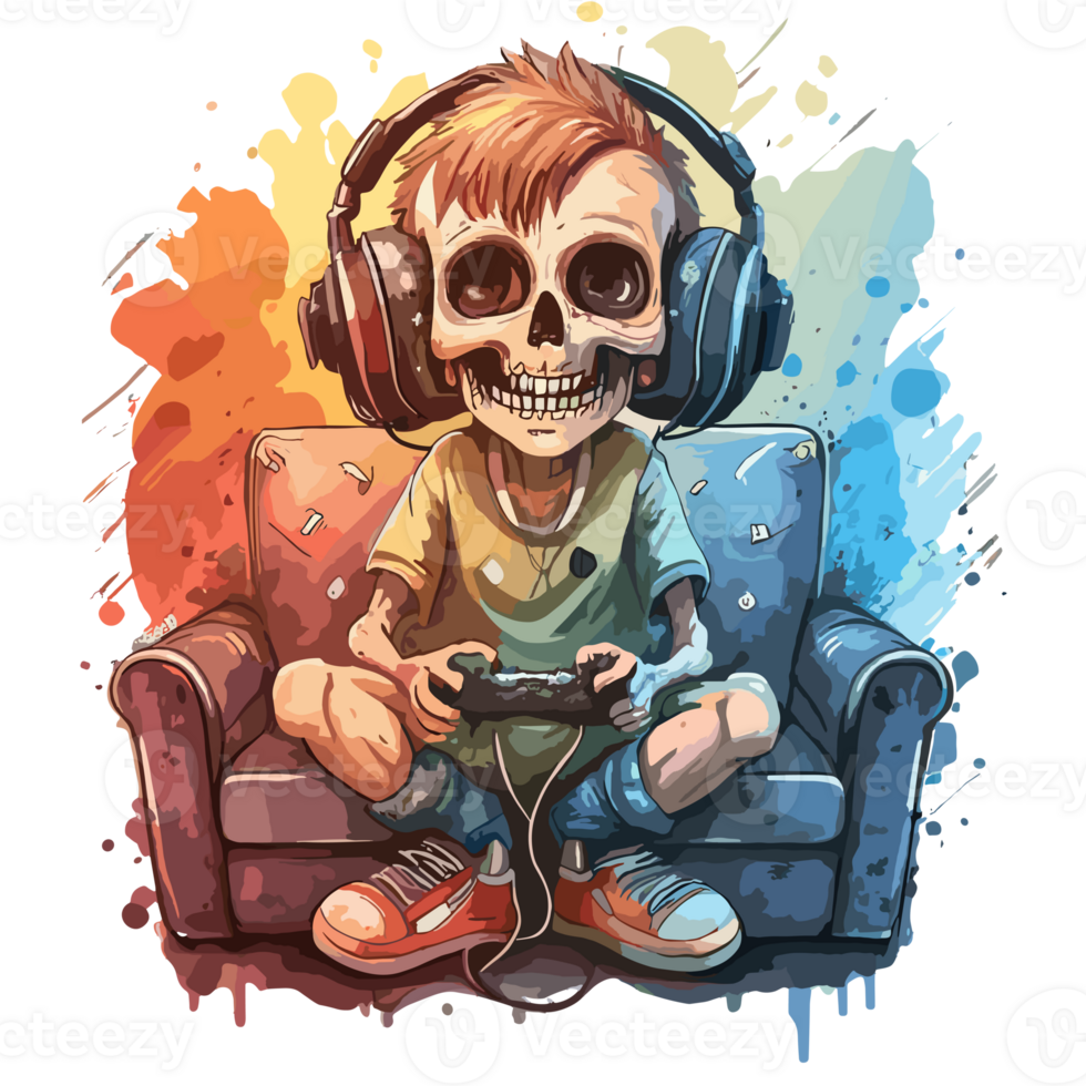 AI generated watercolor graphics skeleton in headphones playing game png