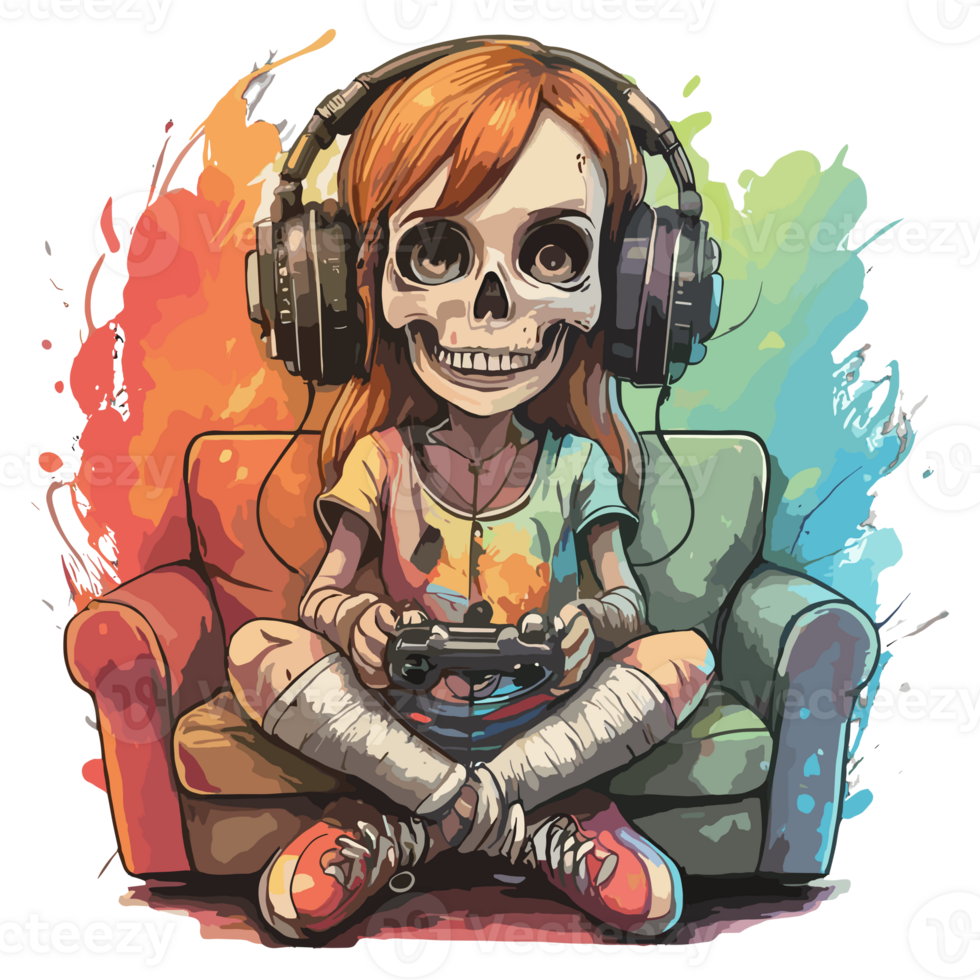 AI generated watercolor graphics skeleton in headphones playing game png