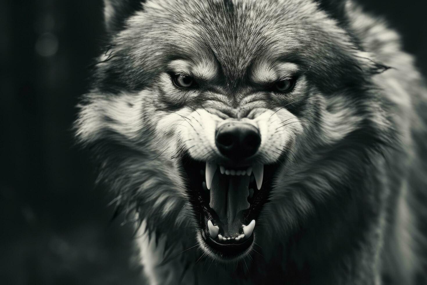 AI generated Greyscale closeup shot of an angry wolf with a blurred background. AI Generated photo
