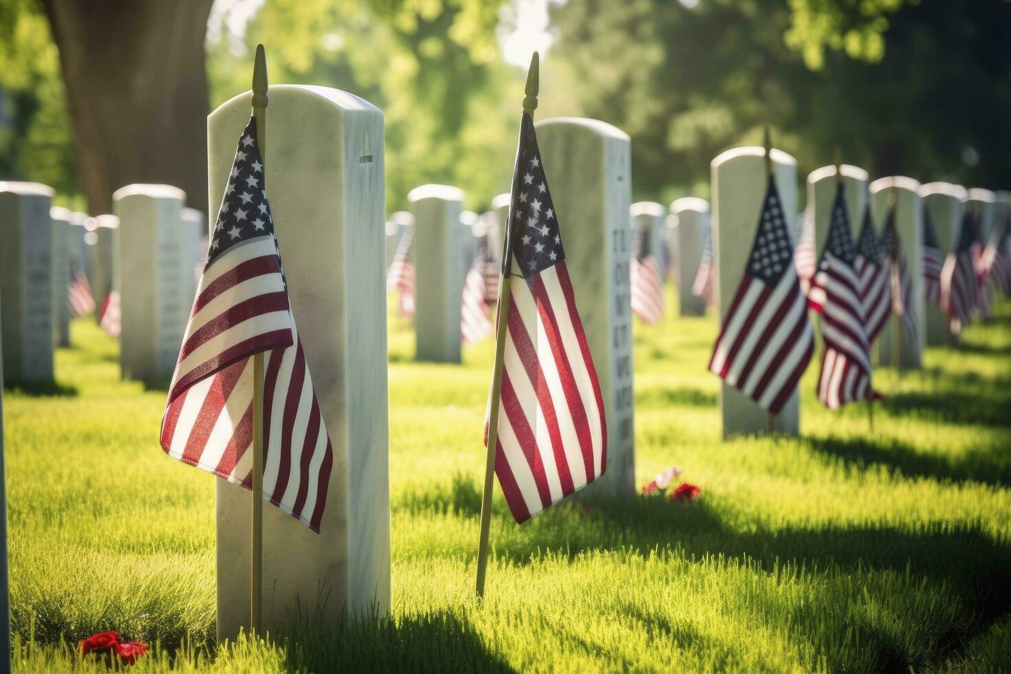 AI generated Military Headstones and Gravestones Decorated With Flags for Memorial Day.  AI Generated photo
