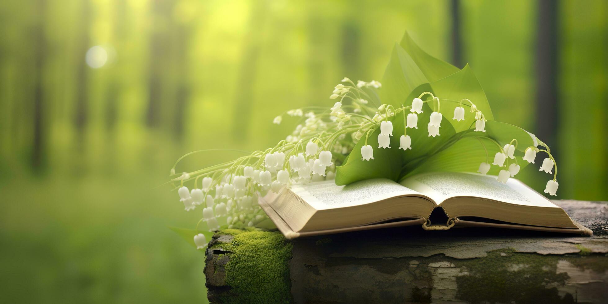 AI generated Lily of the Valley flowers and old books in the forest, green natural background. AI Generated photo