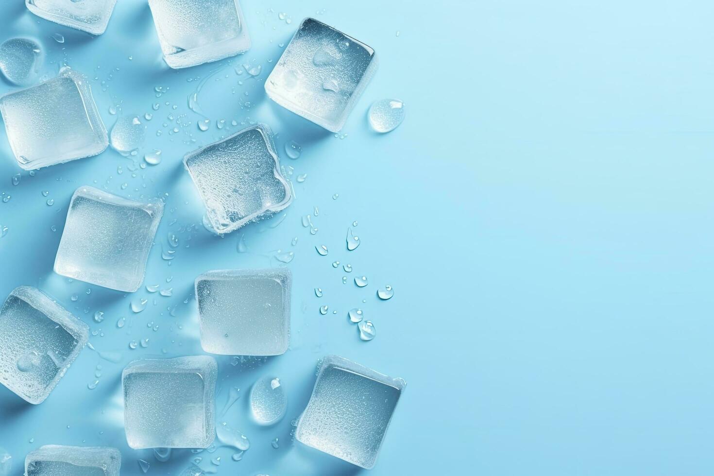 AI generated Cubes of ice and drops are isolated on the blue background with empty space. AI Generated photo