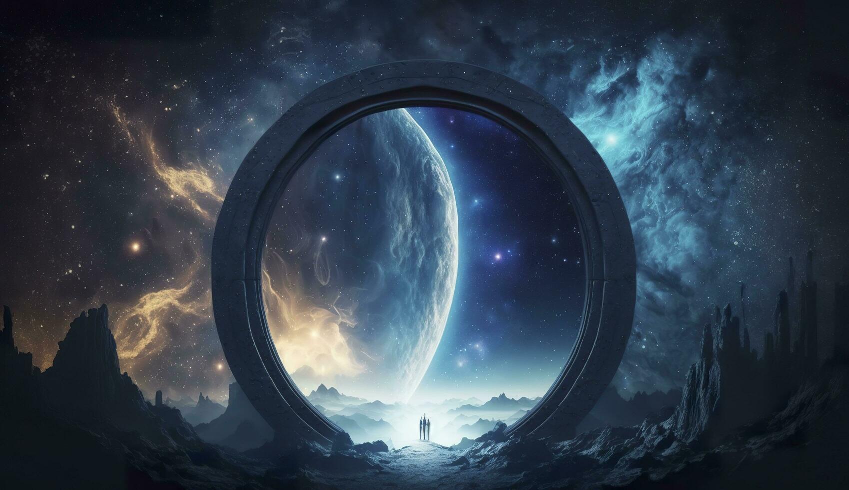 AI generated Portal to another world. Futuristic cosmic landscape with circle tunnel in starry sky. Generative AI photo