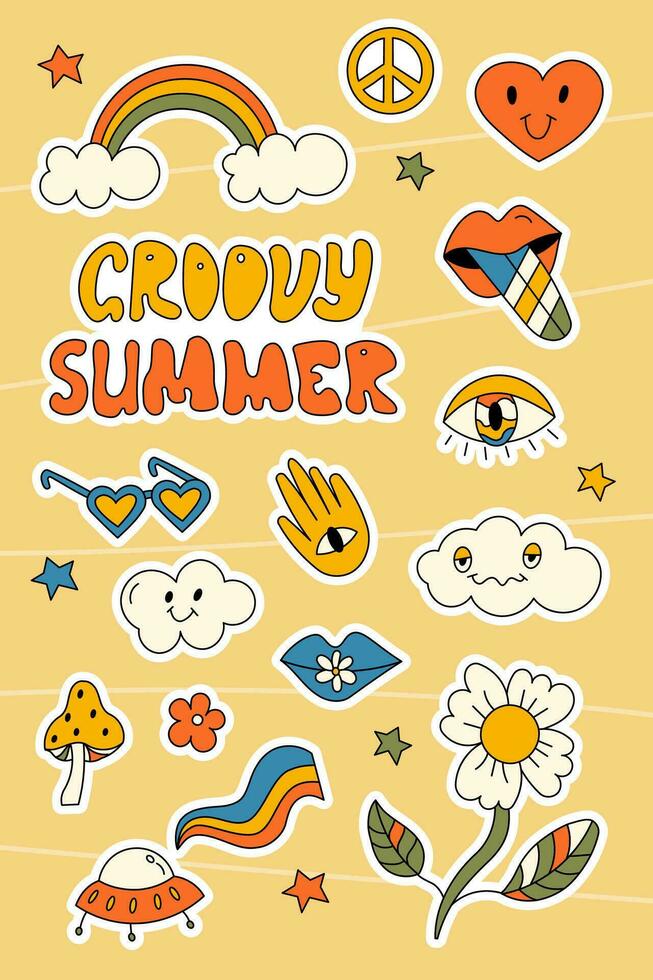 Set of groovy summer stickers vector