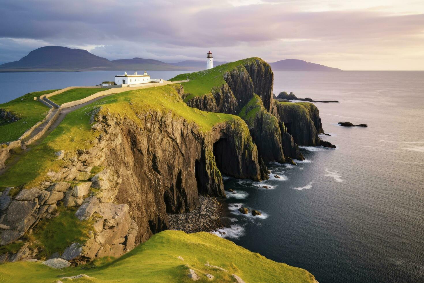 AI generated Skye island Nest Point lighthouse in Highland. AI Generated photo
