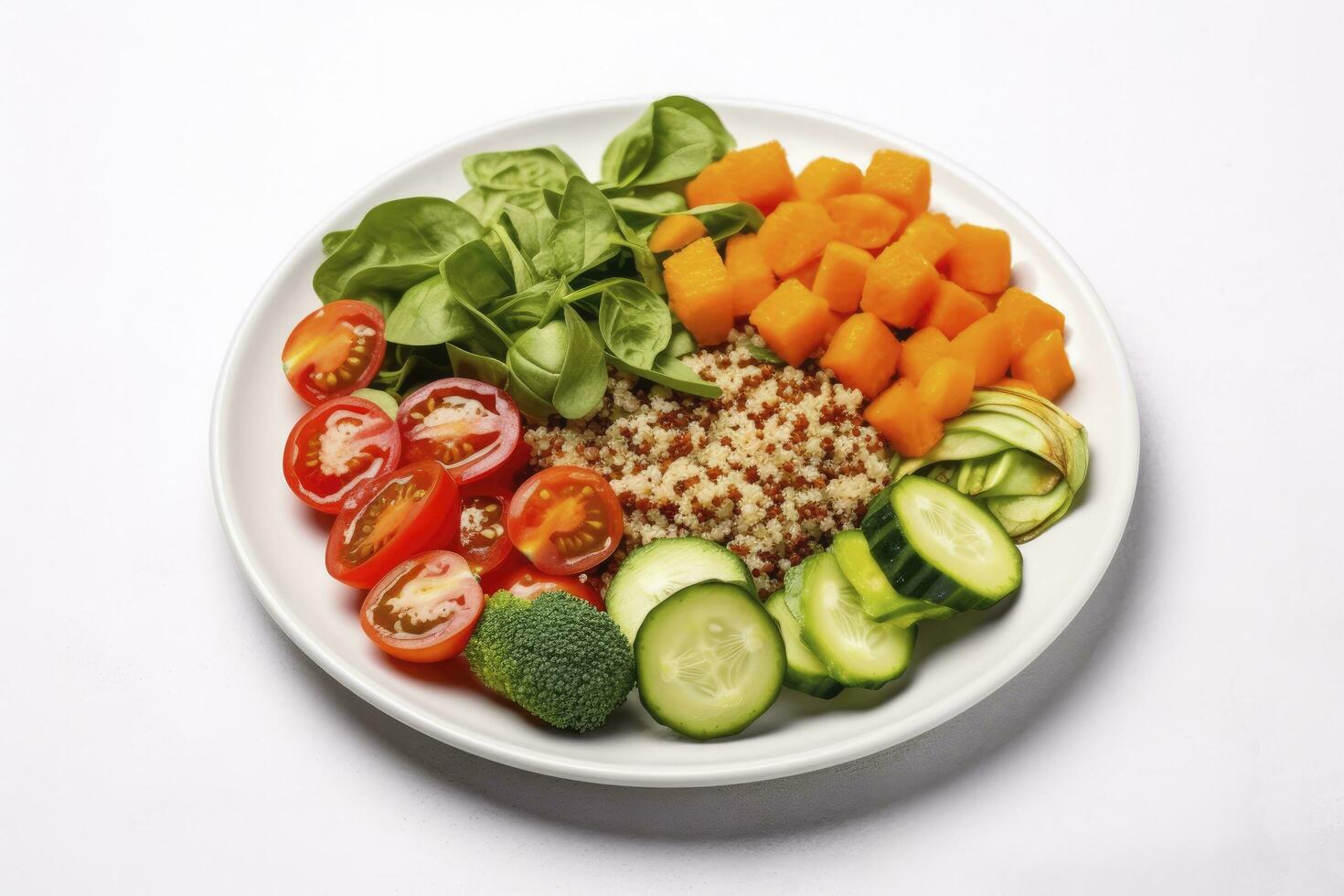 AI generated Salad with quinoa, spinach, broccoli, tomatoes, cucumbers and carrots. AI Generated photo