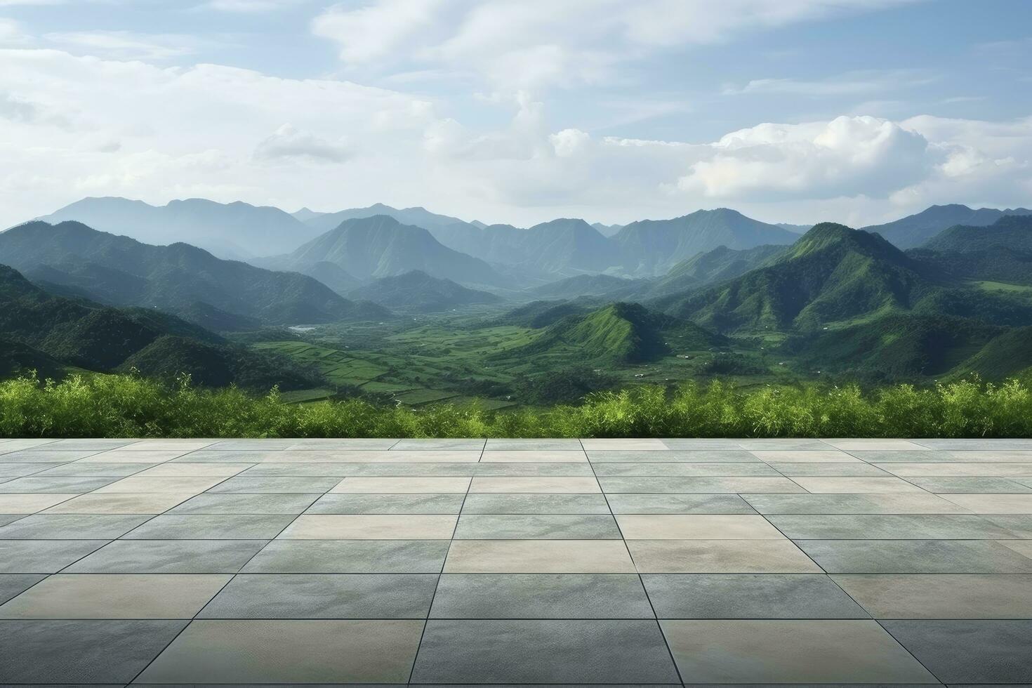AI generated Square floor and green mountain nature landscape. AI Generated. photo