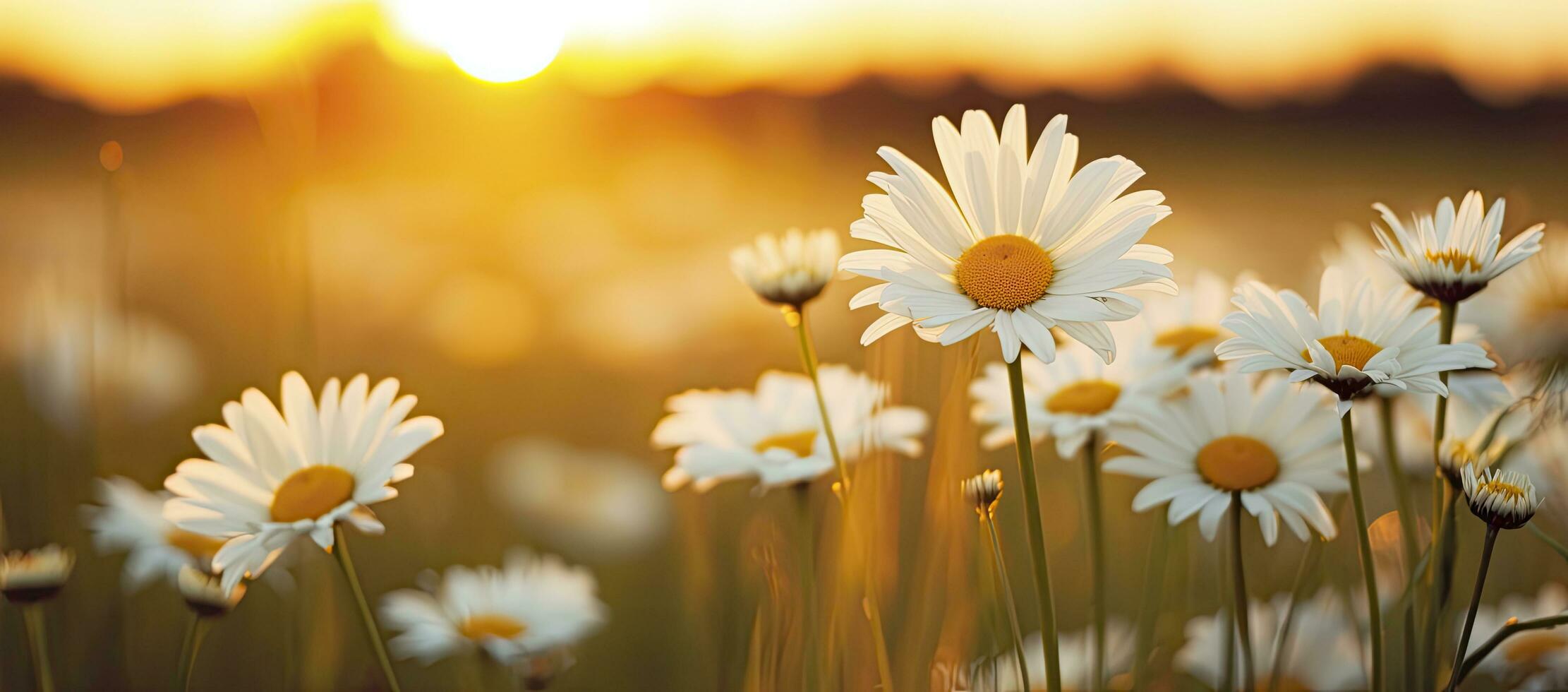 AI generated The landscape of white daisy blooms in a field with the focus. AI Generated. photo