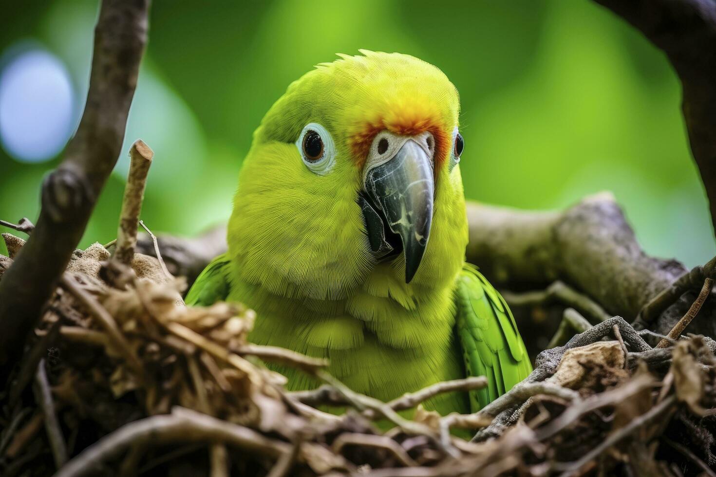 AI generated A green parrot on a branch. AI Generated photo