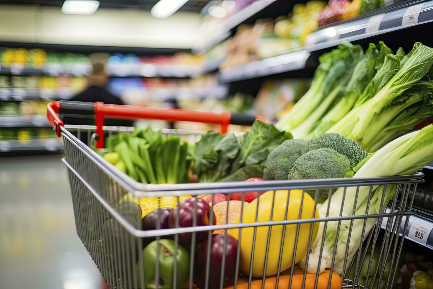 AI generated Close up of full shopping cart in grocery store. AI Generated photo
