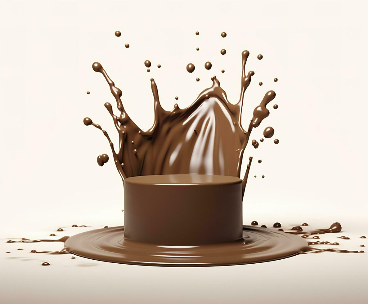 AI generated Chocolate splash with a podium, mockup background for milk product display, 3d. Generative AI photo