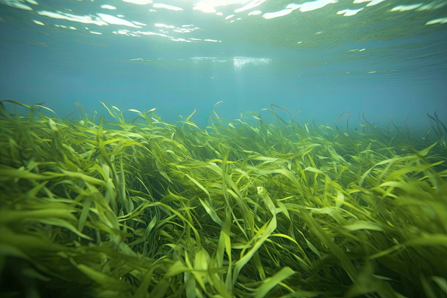 AI generated Underwater view of a group of seabed with green seagrass. AI Generated photo