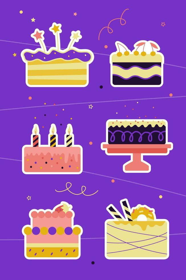 Set of birthday cake stickers vector