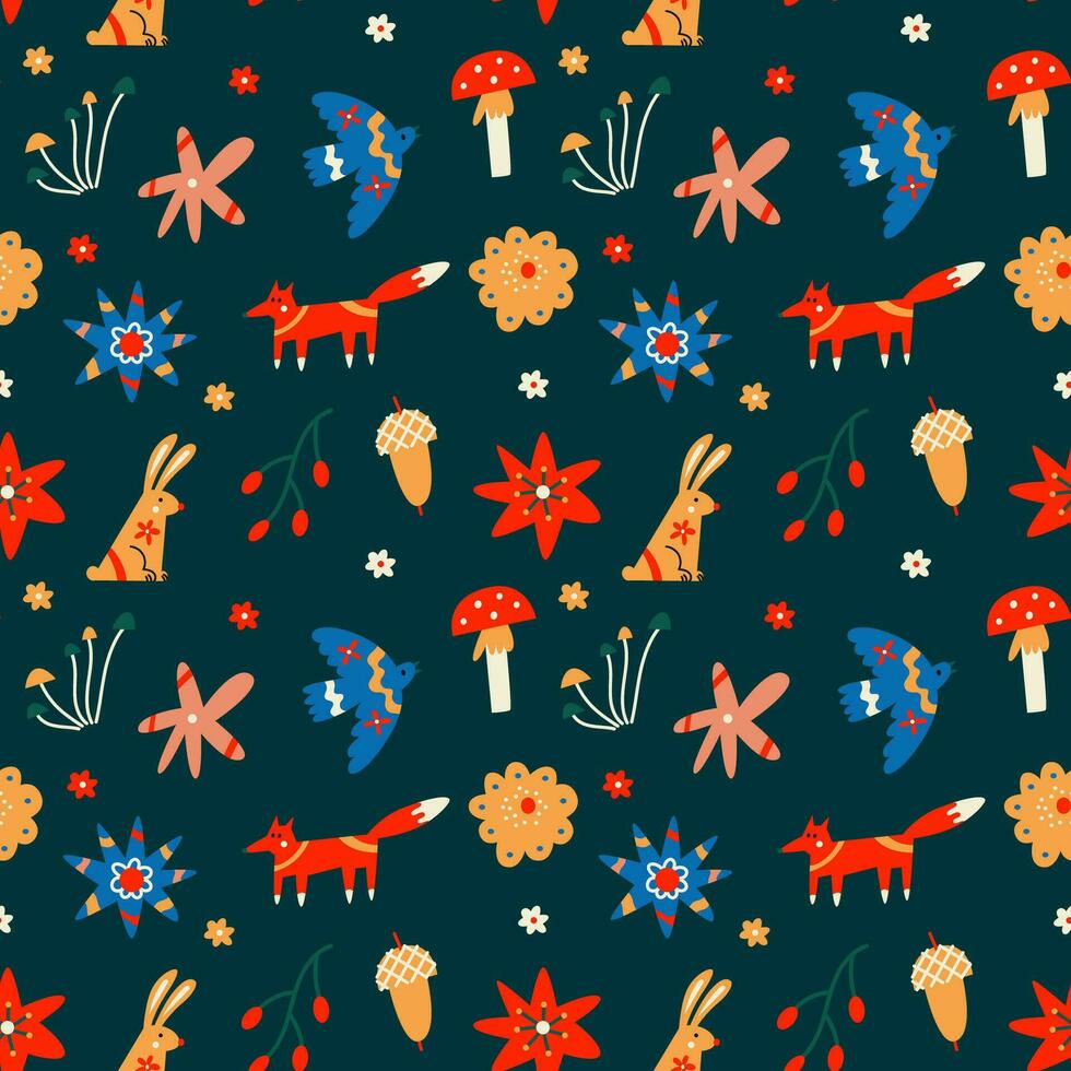 Seamless pattern with north forest flowers and animals on dark background vector