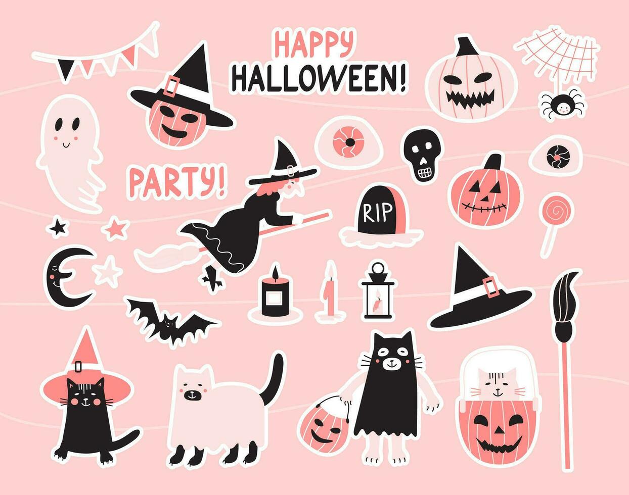 Set of Halloween stickers with cats and pumpkins vector