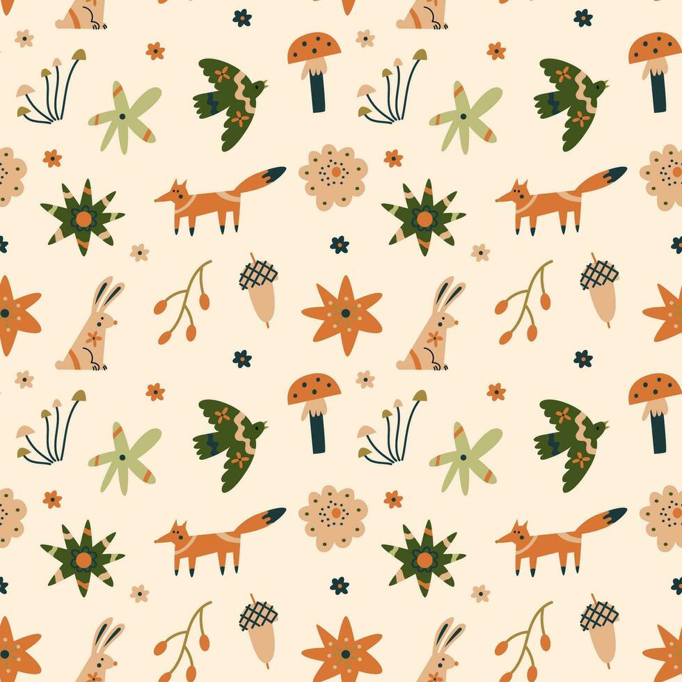 Seamless pattern with nordic flowers and animals vector