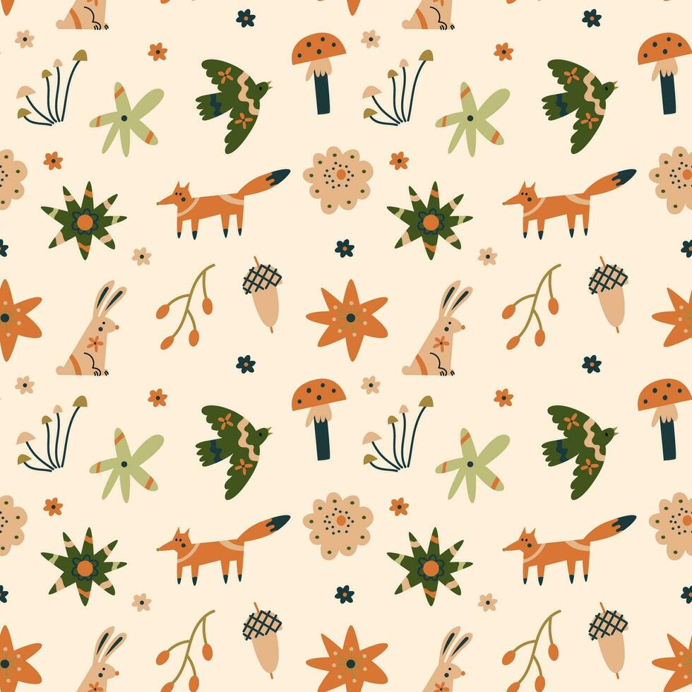 Seamless pattern with nordic flowers and animals vector