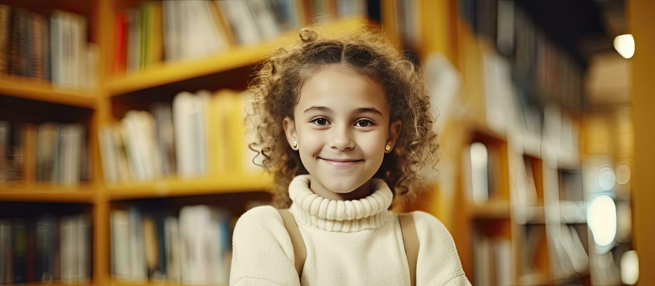 AI generated 10 year old girl student in a light sweater stands in a bookstore among the shelves with books. Back to school concept. photo