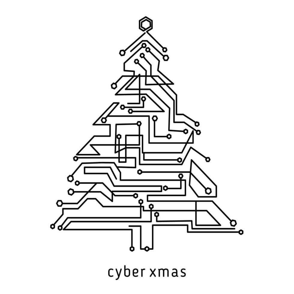 Abstract technological Christmas tree .microcircuit pattern.Logo, emblem,print,icon design.Outline drawing style.Circuit board in the shape of a pine tree.Vector illustration.Black and white drawing vector