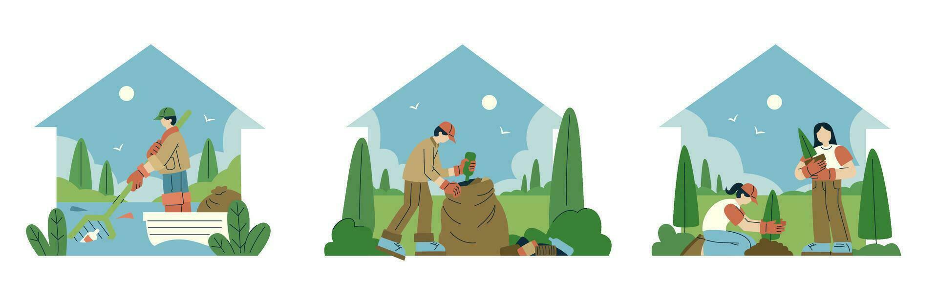 Set of illustrations themed around environmental care, focusing on the preservation of rivers, forests, and parks. vector