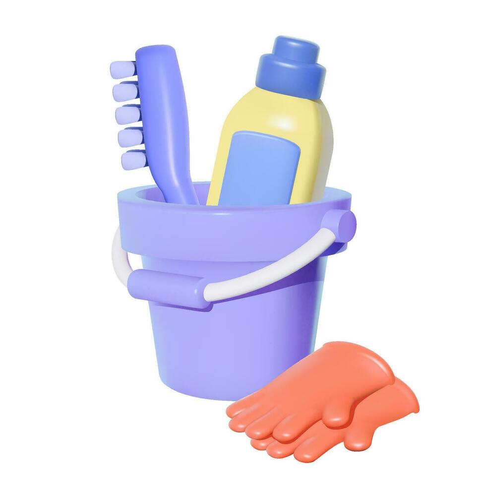 Bucket with gloves, a brush, and cleaning agent, 3D vector isolated.