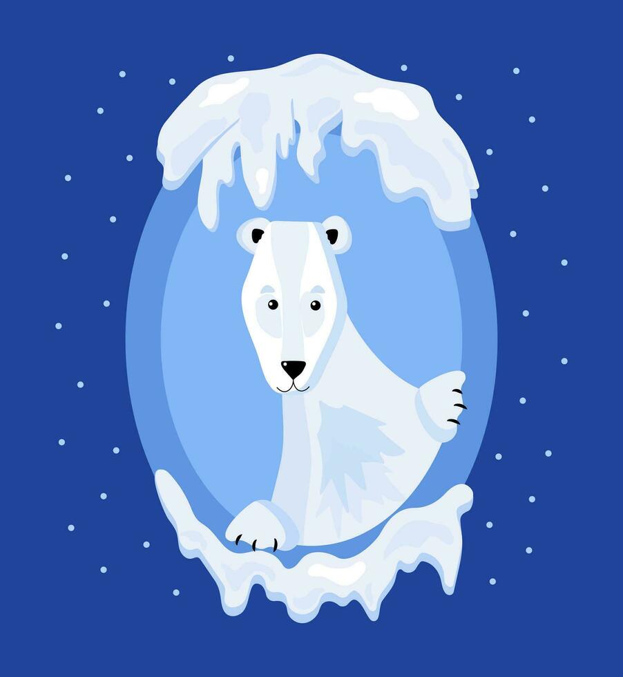 dibujos animados polar oso en un marco. ártico animal. internacional polar oso día, tarjeta postal. nieve invierno. vector ilustración con aislado antecedentes.