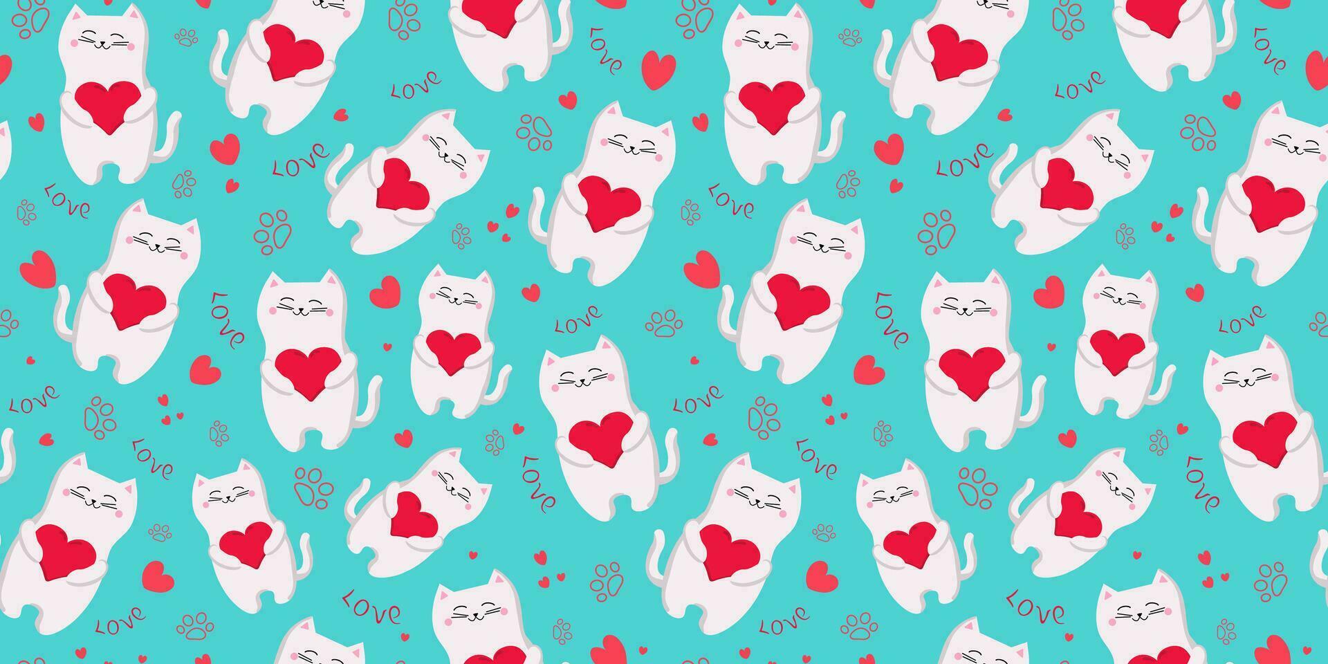 Cartoon kittens pattern. Paw and heart prints. Cute domestic cat holding heart. Festive packaging design for Valentine's Day. Seamless vector background, wallpaper.