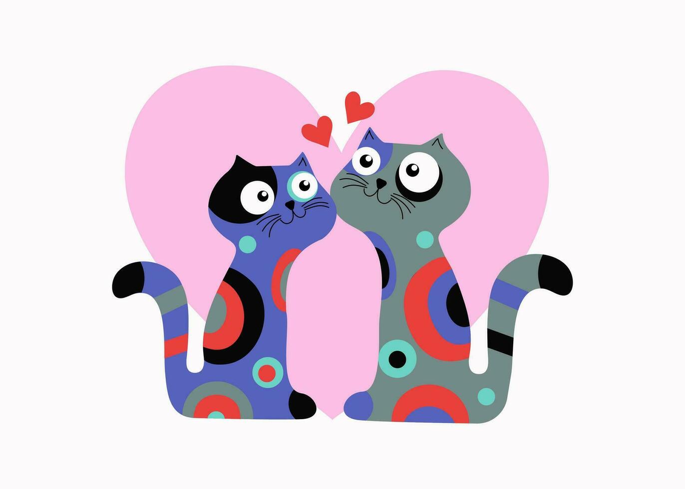 Bright multi-colored cartoon cats with hearts, cats in love. Valentine's Day postcard design. Cute happy couple of kittens. Vector illustration.