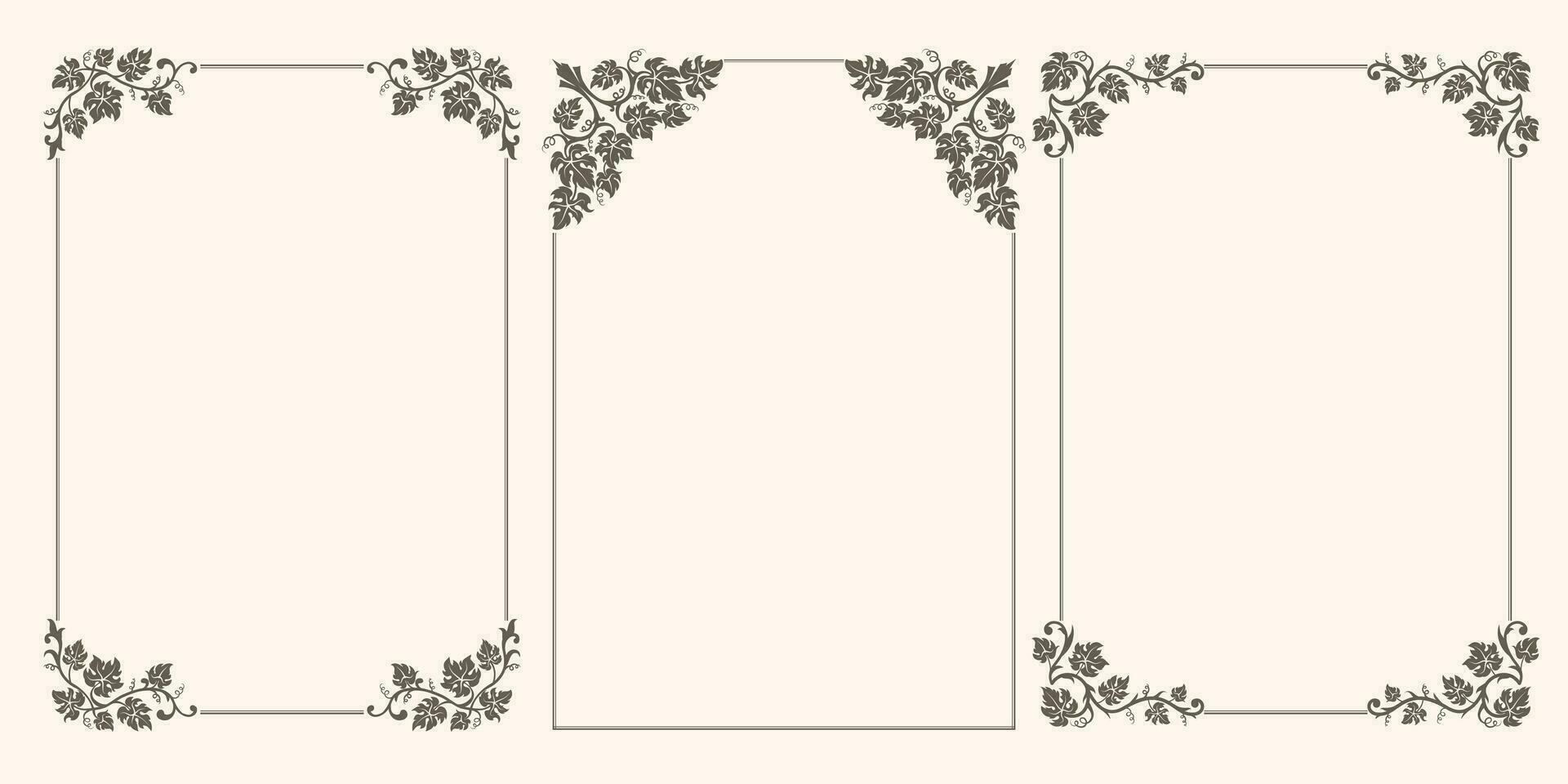 Set of vector frames with grape leaves and swirls