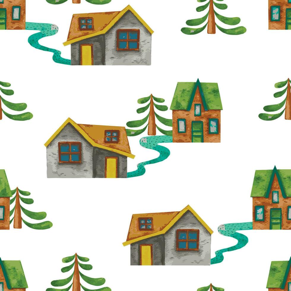 little houses seamless pattern. hand drawn watercolor background, wrapping paper, textile print vector