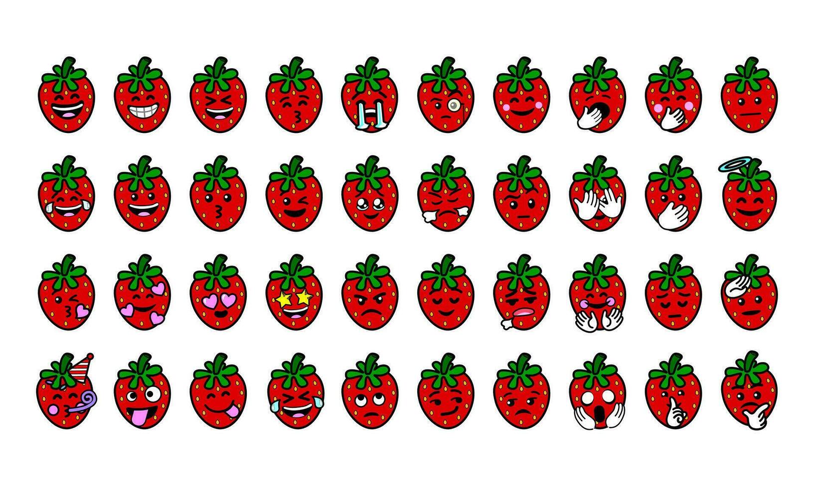 Strawberry collection of 40 expressive facial expressions vector