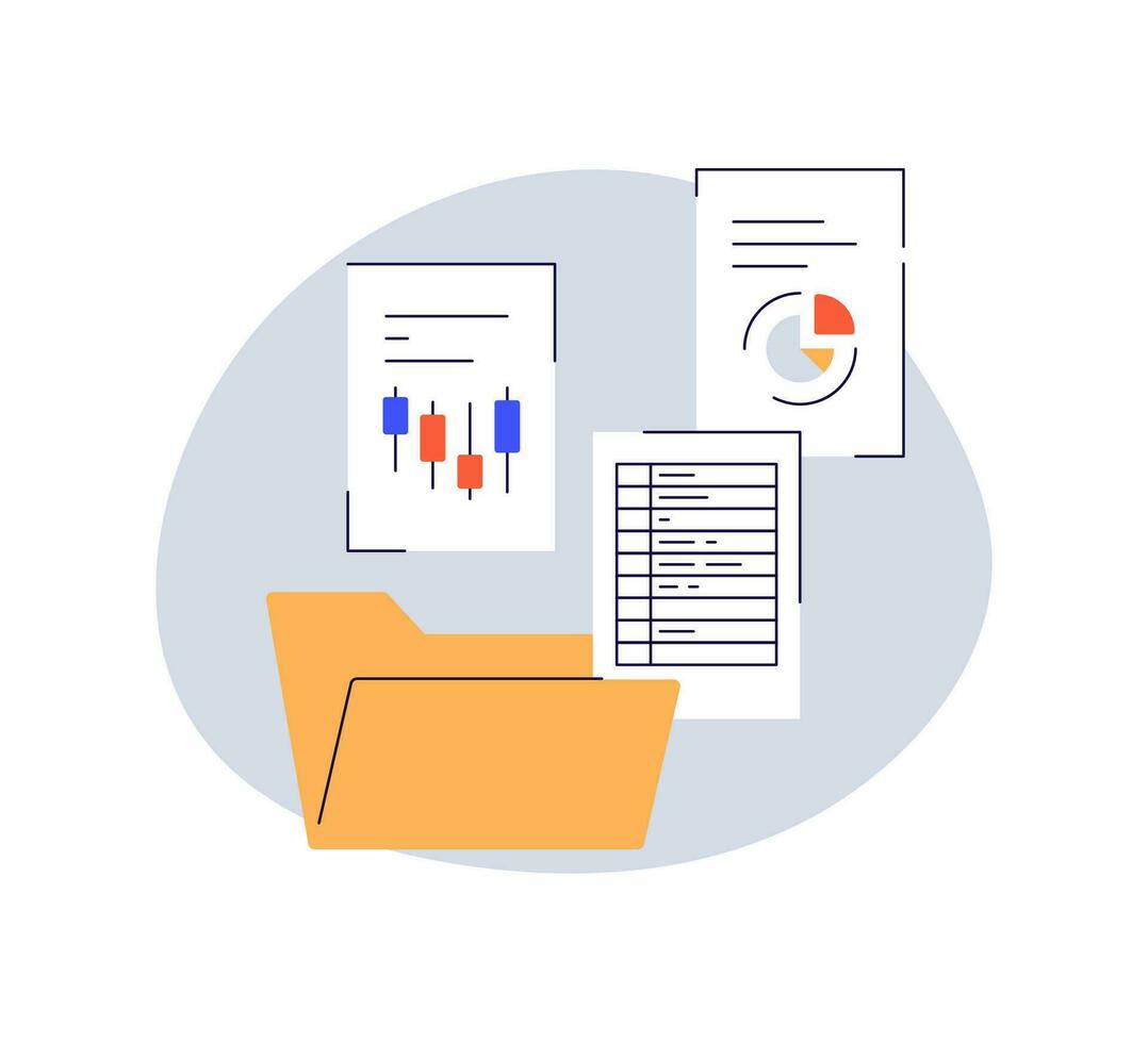 File folder with paper documents icon and business archive, files, work papers, paperwork, data report, project, accounting data, business docs flat design style minimal vector illustration.