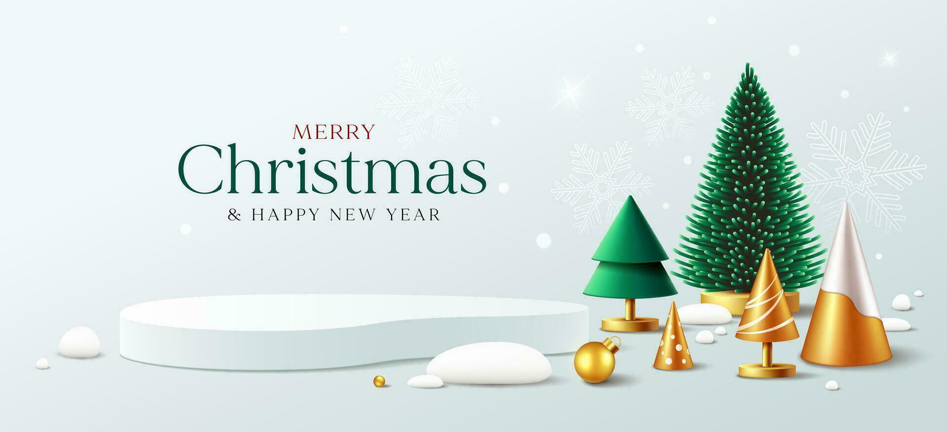 alegre Navidad y contento nuevo año, verde y oro pino árbol, podio monitor adornos pancartas diseño fondo, eps10 vector ilustración
