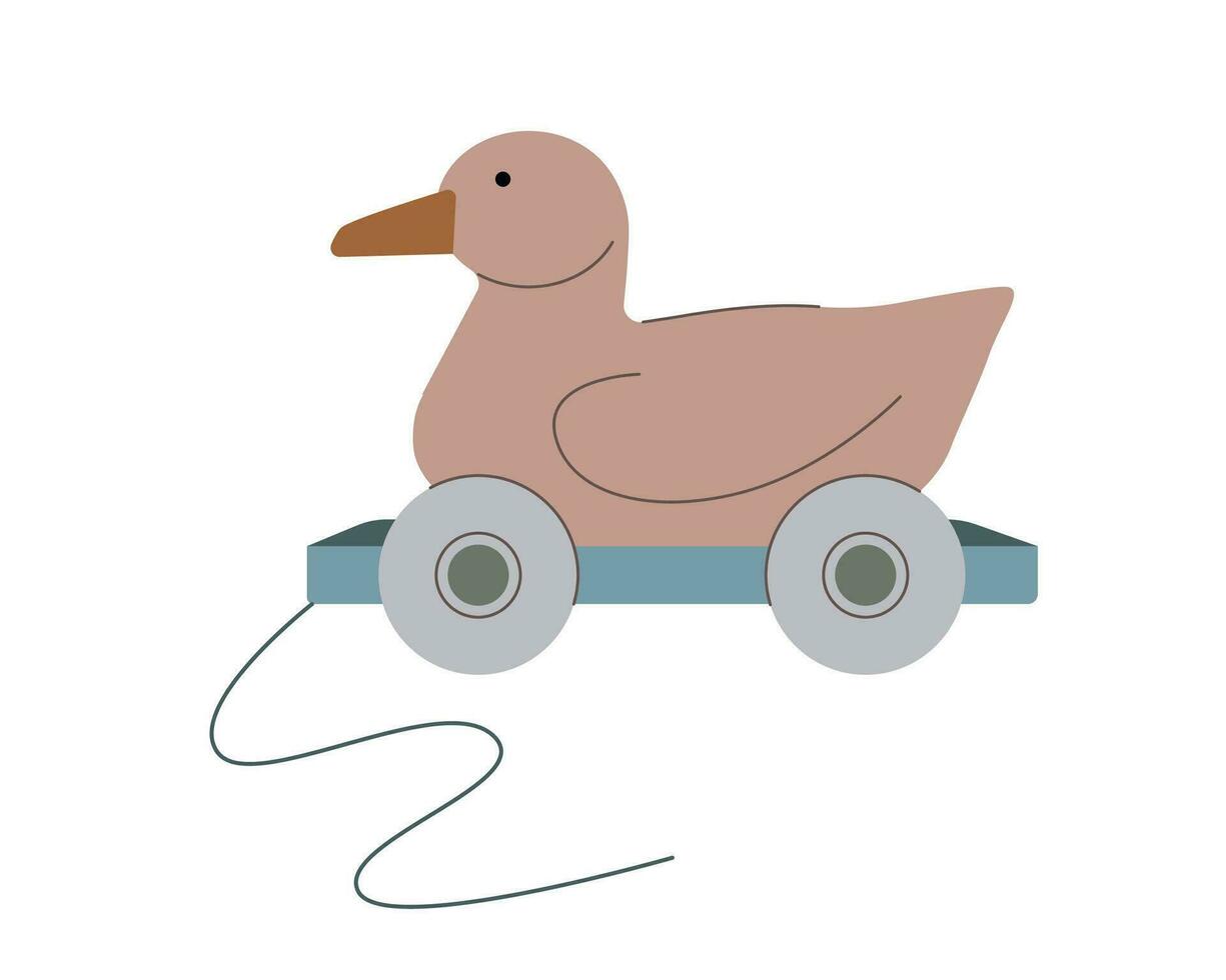 Baby ride toy, wooden duck on cart. Retro toy isolated on white background vector