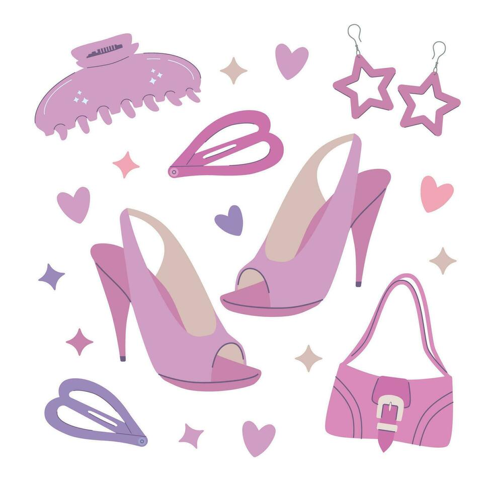 Set of girly accessories. Stiletto heels, hair clips, handbag. Glamorous 00s style vector