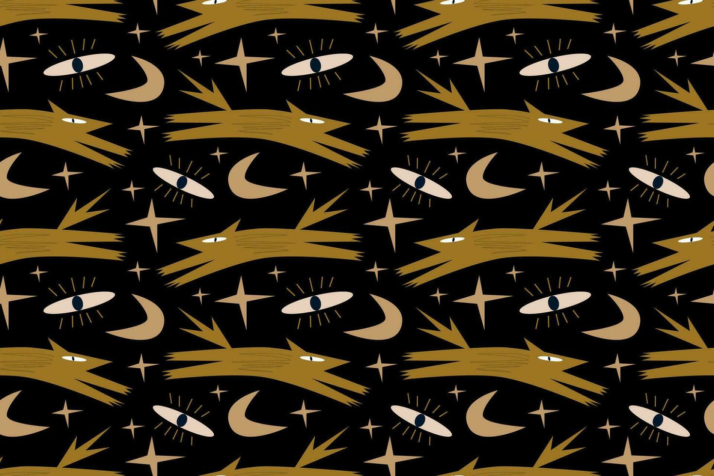 Seamless fox pattern. Esoteric abstract plot. Fox, stars, doona, eye on a black background. Modern vector illustration