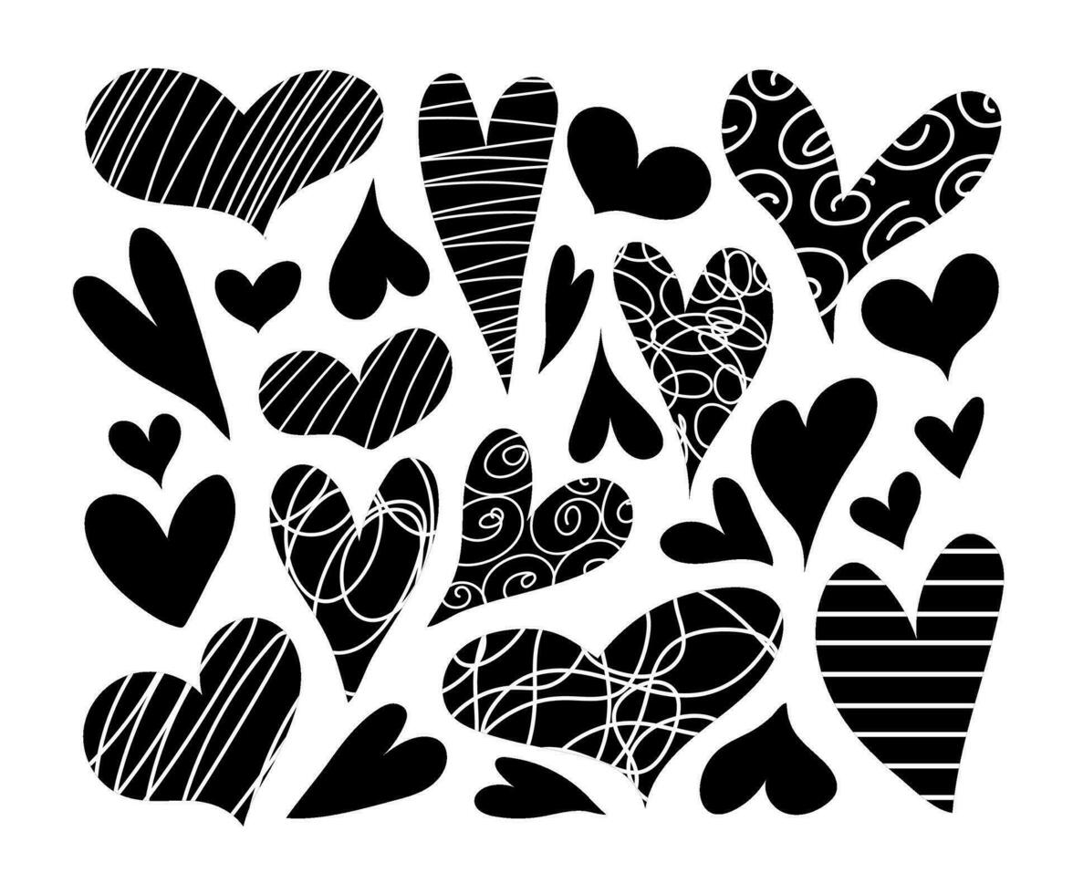 Hearts set. Black and white silhouettes, abstract doodles. Isolated elements for your holiday design vector