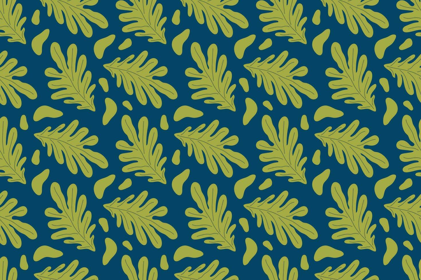 Seamless abstract plant pattern. Green leaves on a dark blue background. Bright spring illustration vector