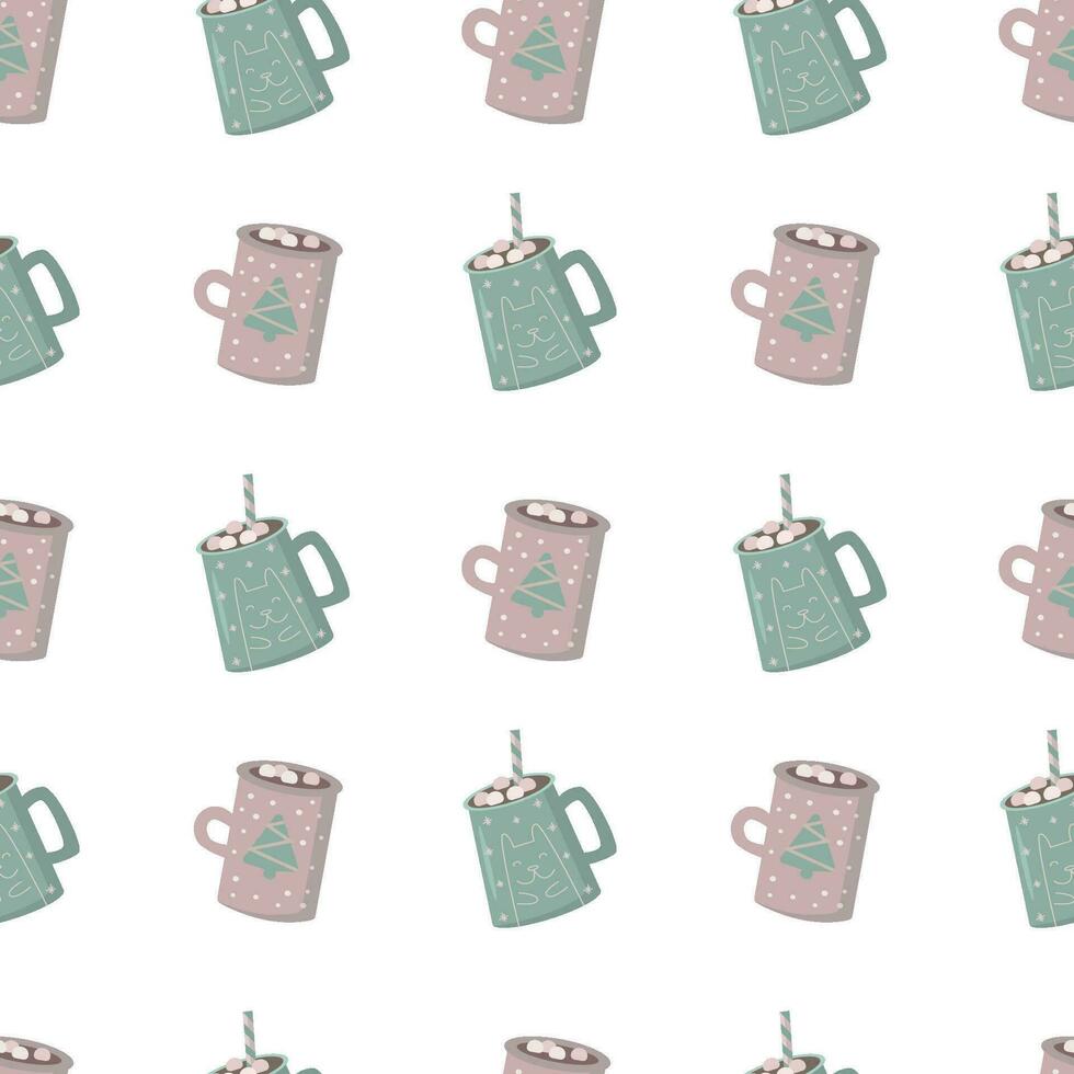 Seamless winter pattern. Mugs with hot drinks and marshmallows. vector