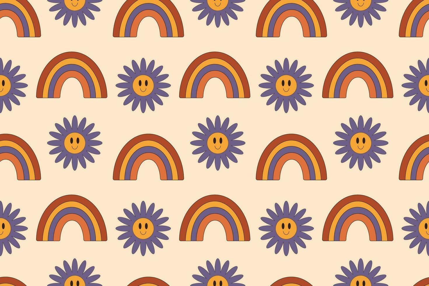 Seamless groovy pattern. Flower and rainbow on a beige background. Retro pattern in 70s style for wallpaper, clothes, cards, backgrounds, cases, paper vector