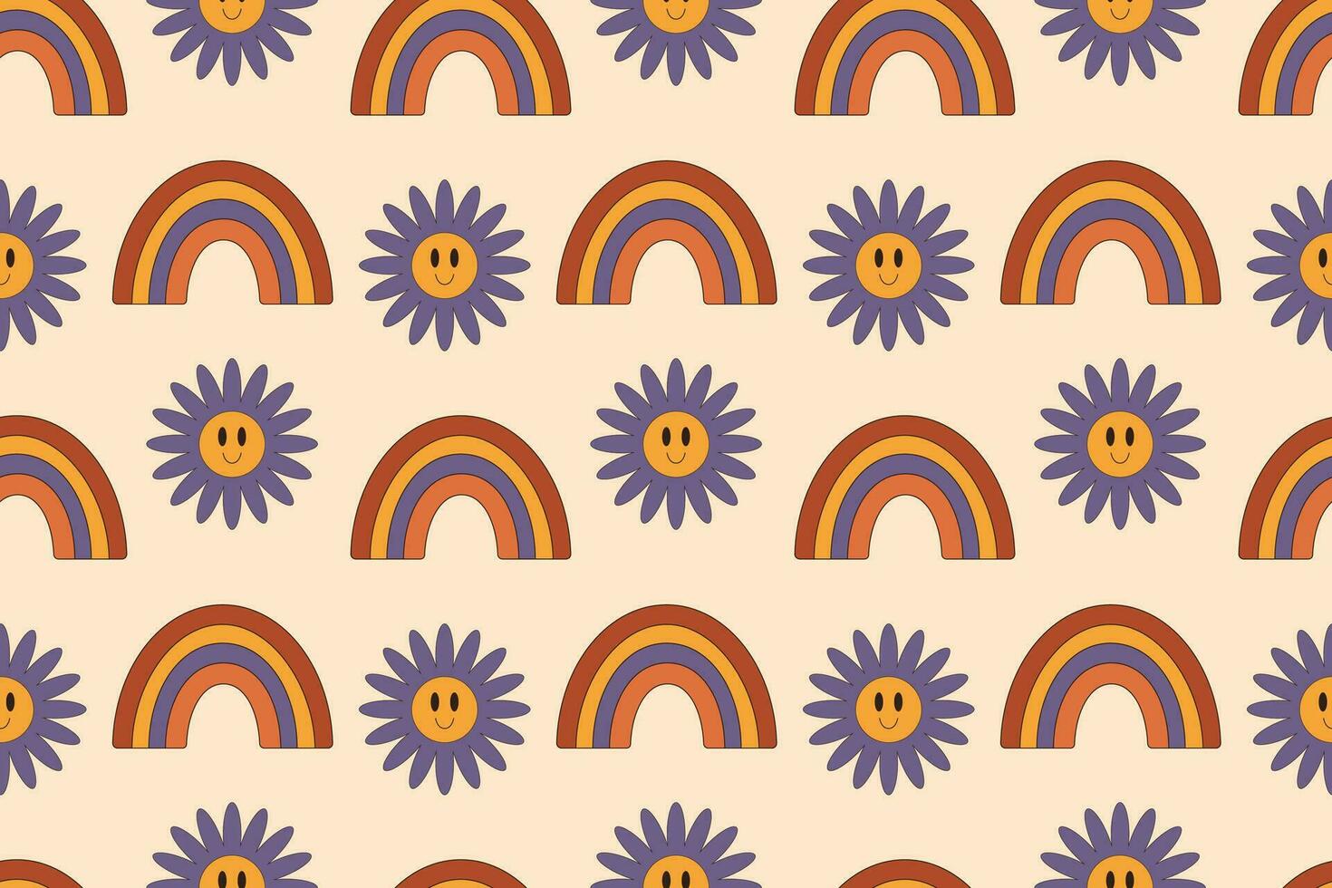 Seamless groovy pattern. Flower and rainbow on a beige background. Retro pattern in 70s style for wallpaper, clothes, cards, backgrounds, cases, paper vector