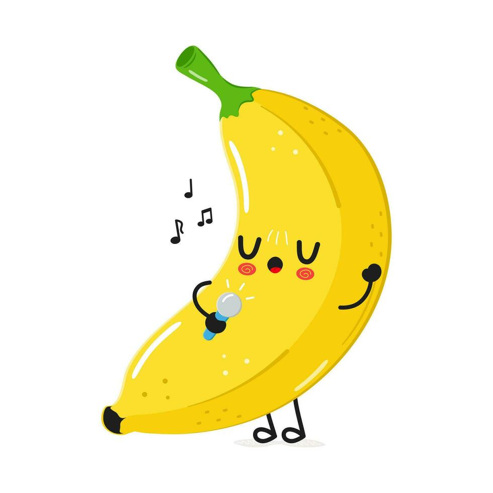 Banana sings into a microphone character. Vector hand drawn cartoon kawaii character illustration icon. Isolated on white background. Banana character concept