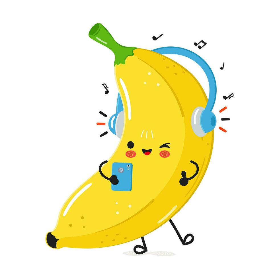 Banana listens to music on headphones with a smartphone. Vector hand drawn cartoon kawaii character illustration icon. Isolated on white background. Banana character concept
